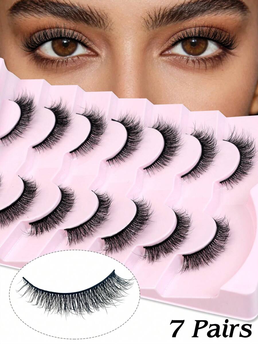 7 Pairs C-Curl Cat Eye Lashes, 12mm Length, Natural & Thick Synthetic Eyelashes - View 1