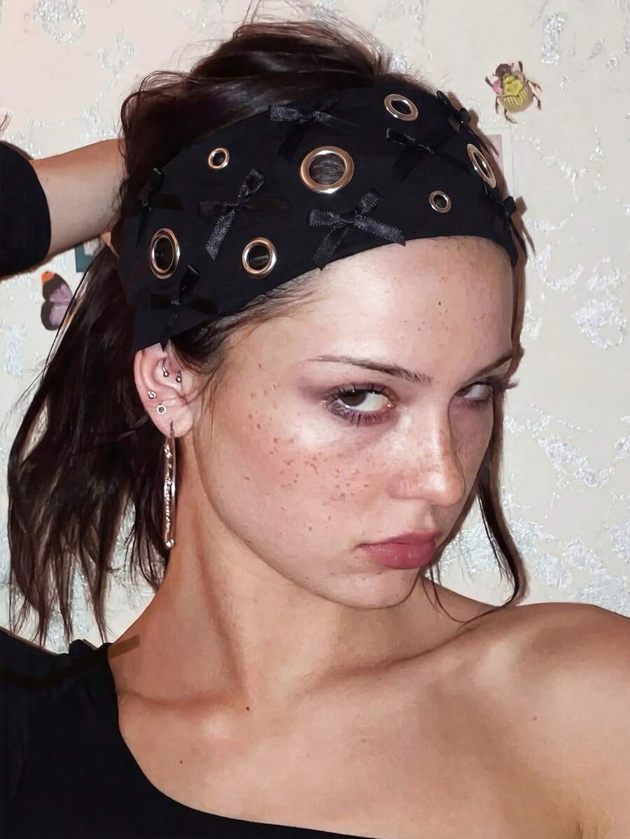 1条时尚朋克风发带，哥特式发饰，柔软防滑弹力镂空蝴蝶结装饰，适合海滩、度假、瑜伽、日常佩戴，夏季沙滩发带，度假吸汗带 - 黑色 - 查看 1