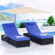 Techigher Rattan Sun Lounger Set Of 2, 5-Level Adjustable Garden Chaise Lounge Chair Reclining Sunbed With Cushion And Storage Table, Outdoor Wicker Sunbathing Recliner Chair For Patio Deck Poolside - Brown rattan + blue cushion - 查看 9
