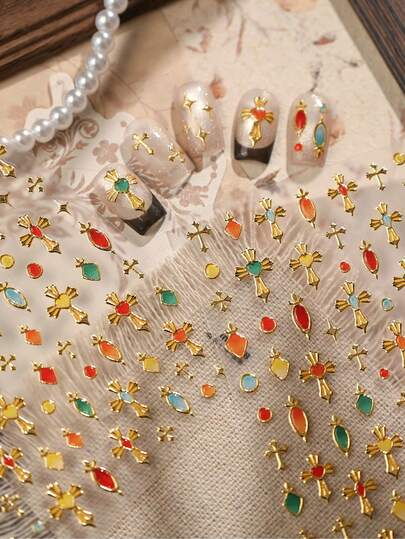 1片5D金属美甲贴纸，复古水晶美甲贴纸，奢华镀金美甲装饰，DIY自粘美甲贴纸，持久易贴，适合女性和女孩