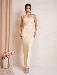 PARTHEA Đầm cocktail lưới cổ buộc dây thanh lịch dành cho nữ, thiết kế xếp ly, chân váy bút chì dài, độ co giãn cao. - Màu be - Xem 6