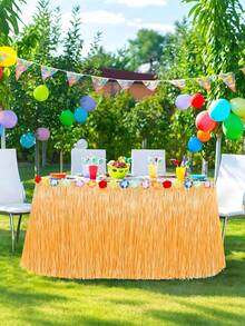 2pcs Hawaiian Grass Table Skirt, Natural Hibiscus Tropical Hawaiian Party Decor, Suitable For Indoor And Outdoor Party Decoration, Wedding Decoration, Summer Party Supplies, Straw Yellow - Yellow - View 7
