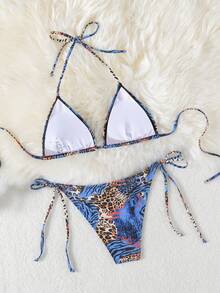 性感交叉露背细肩带连体泳衣，性感豹纹细肩带系带比基尼套装，欧美流行泳装，夏季海滩度假必备 - 藍色 - 查看 2