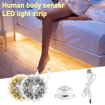 USB-Powered 5V LED Light Strip With Motion Sensor, Available In White And Warm White. Automatically Illuminates Upon Movement, Providing Soft, Non-Glaring Light. Suitable For Wardrobes, Stairs, And Under-Bed Lighting.