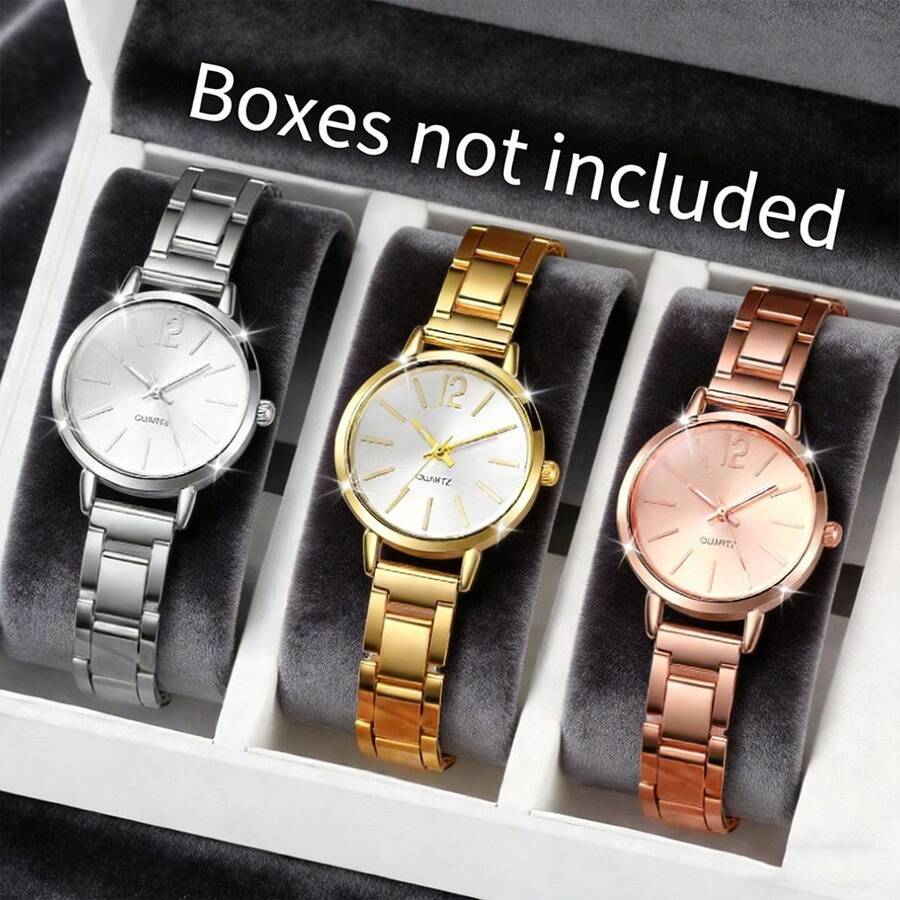 3pcs Women's 3-Tone Quartz Watches Set, Silver/Gold/Rose Gold, Minimalist Numeric Dial Metal Strap, Versatile - Multicolor - View 1
