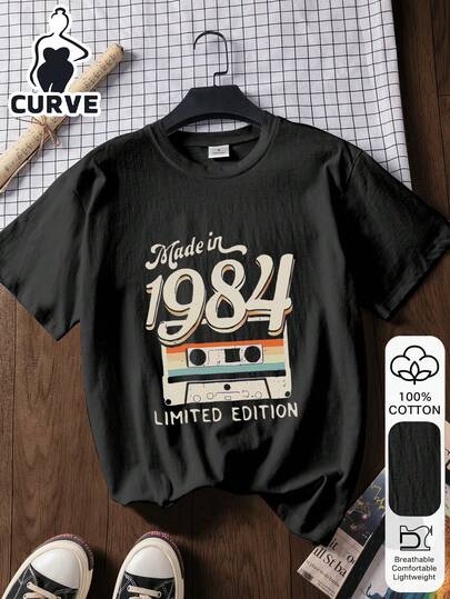 Áo thun ngắn tay mùa hè dành cho nữ, cỡ lớn, chất liệu cotton, in hình băng cassette và chữ tiếng Anh năm 1984, kiểu dáng thường ngày, chất liệu mềm mại, thích hợp mặc ngoài trời, họa tiết in, áo thun mùa hè, áo thun nữ, áo kiểu, áo mùa hè, trang phục đi nghỉ mát, phong cách du lịch, phong cách bãi biển, trang phục nghỉ lễ tối giản màu đen.