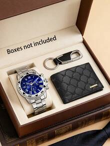 1 pieza/2 piezas/3 piezas Conjunto de reloj de cuarzo de lujo con esfera grande y puntero de aleación giratorio para hombres, con cartera de moda multicapa, monedero y llavero, conjunto de regalo de alta gama, adecuado para novio, Día de San Valentín, Día del Padre, fiesta, vacaciones - Plateado - Ver 11