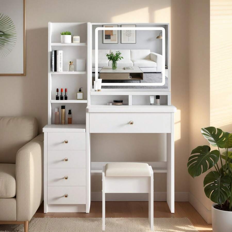 Makeup Vanity Desk With Mirror And Lights, 3 Adjustable Brightness Color Lighting Modes, Vanity Set With Drawers, Stool And Open Shelves, Dressing Table For Bedroom - US A Type Plug(110-127V) - View 1