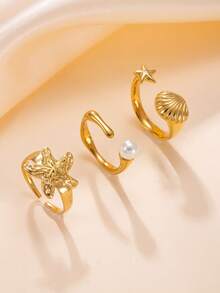 3pcs/Set Gold-Plated Ocean Theme Open Rings Set, Starfish, Shell & Pearl Design, Fashionable Rings For Women Summer Beach Vacation - Gold - View 1