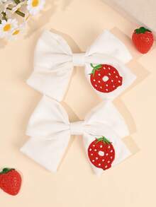 2pcs White Fabric 26 Letters Red Strawberry Embroidered Bow Hair Clips, Suitable For Girls, School And Daily Life Hair Accessories - White - View 11