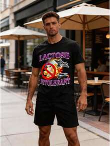 Conjunto para hombre estilo streetwear casual con estampado gráfico divertido de letras y caricatura algodón cómodo ajuste holgado cuello redondo manga corta primavera verano uso diario set de playera y shorts - Negro 2 - Ver 2