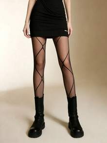 1 Pair Black Fishnet Tights With Large Grid Jacquard Sexy Bold Plaid Net Stockings Daily Wear - Multicolor - View 5