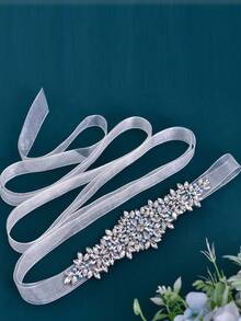 1pc Handmade Bridal Sash, French-Style Wedding Dress Belt, Rhinestone And Blue Beaded Belt, Women's Evening Gown Accessory - Ivory Organza - View 4