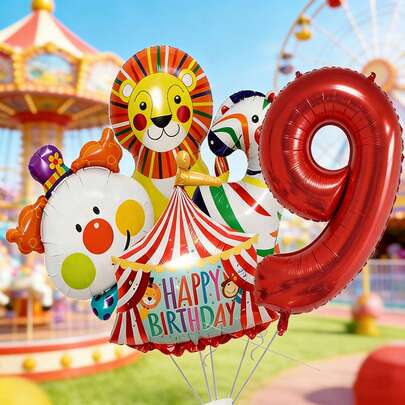 Globo con número rojo de 32 pulgadas, globos con forma de león, payaso y cebra de 28 pulgadas, globos con forma de tienda de campaña, conjunto de globos con tema de circo para fiesta de cumpleaños, adecuado para fiesta de cumpleaños de niños, fiesta de parque de diversiones, decoración de celebración de cumpleaños, regalo del Día del Niño