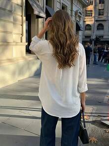 Camisa holgada de lino de unicolor blanco versátil y casual para primavera - Blanco - Ver 5