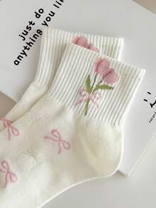 1/5 Pares de Meias de Tornozelo Femininas com Laço e Estampa Floral Fofa, Estilo Universitário INS, Meias Curtas Macias, Respiráveis e com Absorção de Umidade para Uso Diário, Esportes, Looks Casuais, Escola e Moda para Todas as Estações - Multicolorido - Visão 5