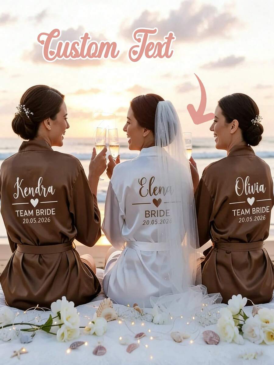 Bata nupcial de satén personalizada, diseño de manga corta, bata nupcial de dama de honor personalizada, bata de satén personalizada, bata nupcial personalizada, bata de preparación de dama de honor, bata de fiesta de boda, bata con ribete de encaje, bata con nombre personalizado, regalo de bata nupcial (manga corta/talla: XL) - Multicolor - Ver 1