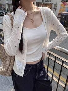 春夏波点V领长袖针织衫，尽显女性柔美气质，半透明罩衫，甜美休闲开衫上衣 - 杏色 - 查看 5