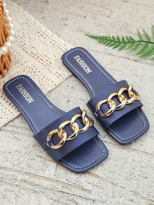 夏季新款金属扣链条时尚法式方头女士平底凉鞋，单带露趾优雅藏蓝色拖鞋，适合日常穿着、室内/室外、度假、海滩等场合。 - 藏蓝色 - 查看 6