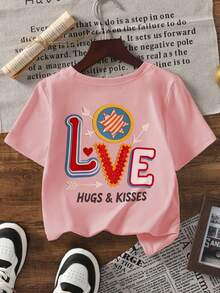 1 chiếc áo thun ngắn tay in hình "LOVE Hugs & Kisses" dành cho bé gái, kiểu dáng ngọt ngào, thoải mái cho mùa hè. - Hồng - Xem 3