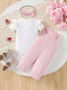 3pcs/Set Baby Girls' Casual Daily Cute White Crew Neck Knit Romper, Pink Watermelon Pocket Bodysuit, And Pink Bow Headband Set, Suitable For Spring, Summer, Autumn - Pink - View 3