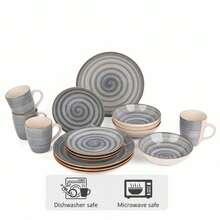 16 Piece Grey Stoneware Dinner Set With Handpainted Swirl Pattern And Beige Rim, Service For 4 Including Dinner Plates, Dessert Plates, Bowls And Cups, Elegant Modern Ceramic Tableware Collection With Spiral Design, Microwave And Dishwasher , Durable Chip-Resistant Crockery For Home Kitchen, Dining Room, Daily Use, Family Gatherings, Dinner Parties And Special Occasions, Stylish Neutral Color Scheme To Complement Any Table Setting And Home Decor - Mặc định - Xem 2