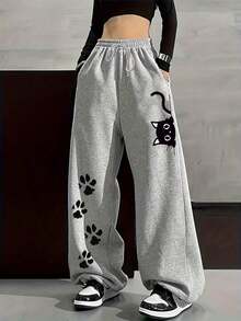 Women's Grey Cozy Thermal Lined Joggers With Paw Print Design And Drawstring - 灰色 - 查看 1