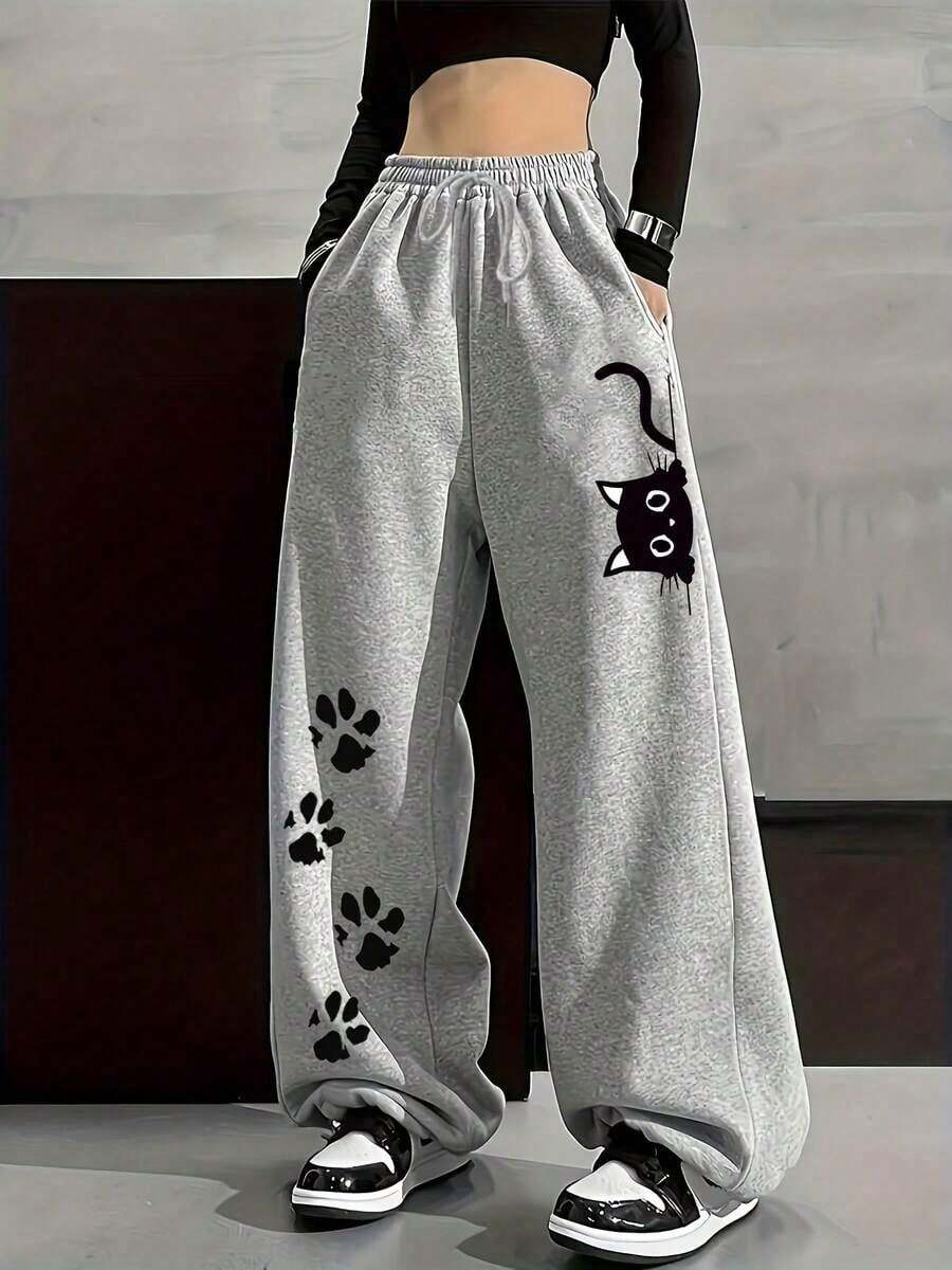 Women's Grey Cozy Thermal Lined Joggers With Paw Print Design And Drawstring - 灰色 - 查看 1
