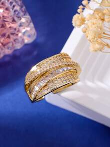 18K镀金不对称多层钻石戒指，奢华时尚，百搭日常佩戴，女士之选。 - 白色鋯石 - 查看 3