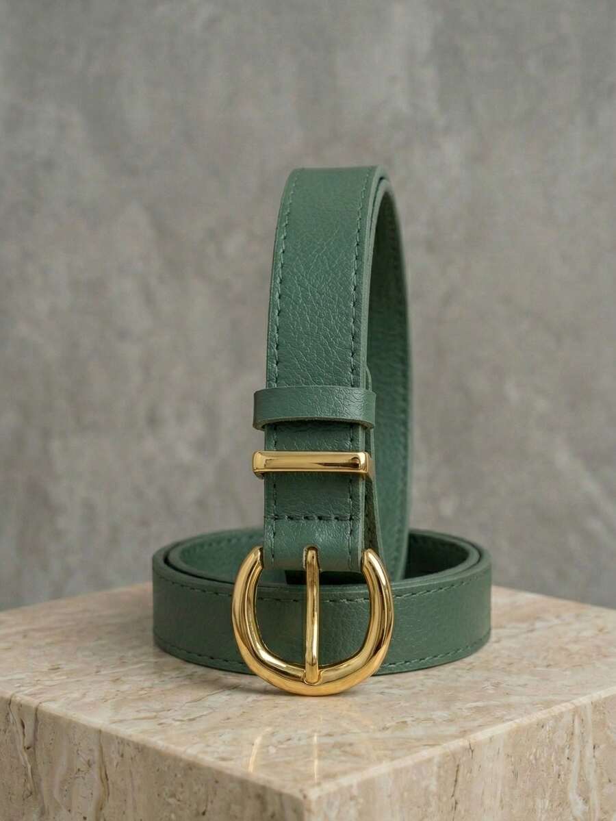 Women's Set Of Thin, Delicate Belts With Gold Metallic Buckle In Minimalist Synthetic Leather 2093 - 綠色 - 查看 1