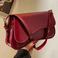 Women's Baguette Handbag With Irregular Flap, Fashionable Handbag Style, Black, Coffee, White, Caramel, Red, Patent Leather - 酒紅色 - 查看 2