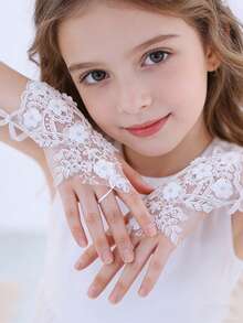 White & Black Lace Flower Sequin Short Gloves With Finger Tip Exposed Design, Ribbon & Hollow-Out Design, Wedding Party Dress Accessory - Multicolor - View 2