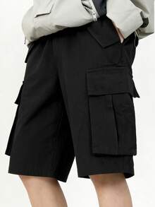 Plus Size Men's Black Cargo Shorts, Multi-Pocket Casual Street Style Practical Summer Shorts - Black - View 1