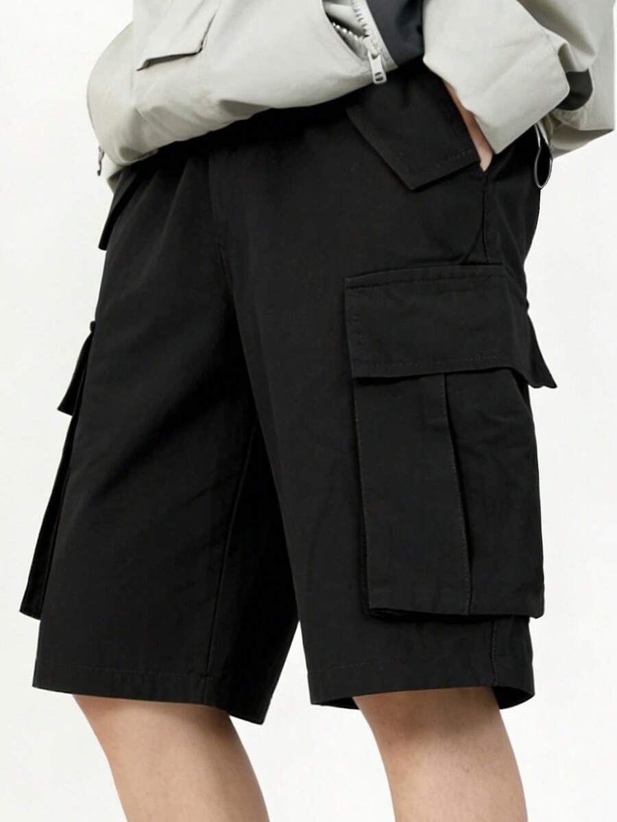 Plus Size Men's Black Cargo Shorts, Multi-Pocket Casual Street Style Practical Summer Shorts - Black - View 1