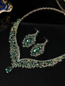 3pcs Green Necklace & Earrings Jewelry Set, Elegant Bridal Wedding & Party Accessories - Green - View 6