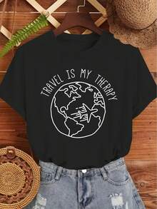 Minimalist Line Graffiti Full-View Design: An Airplane Passing Over The Earth, English Letter Print Pattern, Retro, Simple, Fresh, Fashionable, Spring-Summer, Round-Neck, Short-Sleeve Top, Women's Casual Sports T-Shirt - Minimalist - trắng - Xem 7