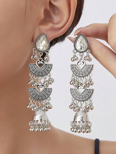 Vintage French Bohemian Style Personality Fashion Three-Layer Hollow Heart Pendant Earrings, Suitable For Women's Daily Wear, Parties, Weddings And Other Occasions