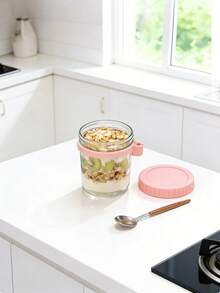 16oz/500ml [1/2 Gói] Yến Mạch Ngâm Chua Trong Hũ Thủy Tinh Có Nắp Có Thìa, Hộp Yến Mạch Kín Có Vạch Đo, Hộp Ngũ Cốc Di Động - Hồng/1 cái - Xem 3