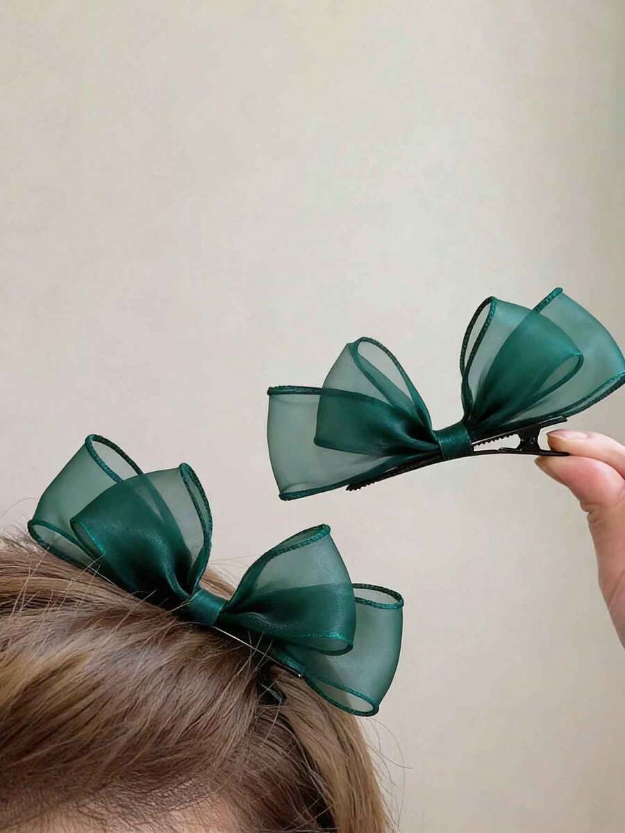 2pcs Mesh Layered Elegant Mesh Bow Hair Clips, Cute Side Bangs Hair Clips, Sweet Bow Clips For Girls - A - View 1