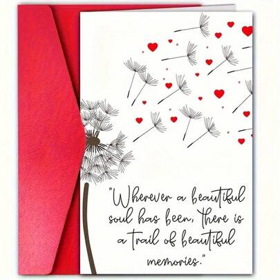 1pc Dandelion Theme Greeting Card With Envelope - Convey Sincere Condolences, Suitable For Any Occasion, Elegant Black And White Design With A Red Heart, Greeting Card.