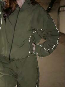 Women's Casual Sports Tracksuit, Zip-Up Jacket And Pants Set For Running, Outdoor, Hiking, Fitness - 軍綠色 - 查看 4