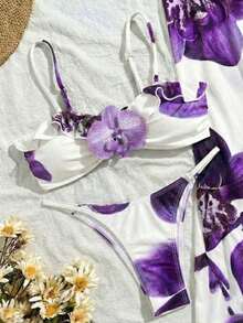 3pcs Women's Floral Print Elegant Sexy Backless 3D Flower Beach Dress Bikini Set, Spring/Summer Vacation - 白色 - 查看 5