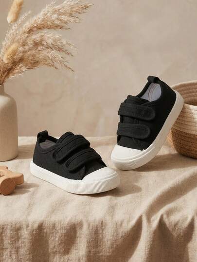1 Pair Kids' Black Low-Top Canvas Shoes, Dual Straps, Round Toe Flat, Comfortable Breathable, Fashionable Cool, Minimalist Versatile, Casual Children's Shoes Suitable For Daily Outdoor Activities, School, Walking, Travel In Spring, Summer And Autumn