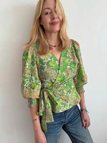 Women's Floral Print Wrap Blouse - Puff Sleeve Ruched Cuff Casual Top, Spring Summer Loose Fit Office Daily Shirt - 黃綠色 - 查看 4