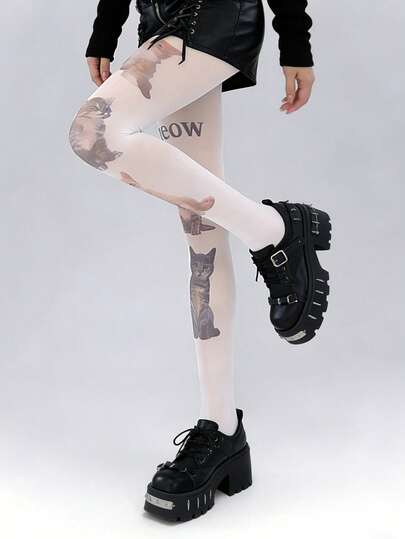 1 Pair Women's Adorable Cat Pattern Sheer Nylon Tights, White Transparent Thin Stockings, Punk Streetwear Fashion Bottoms For Daily Wear & Party Looks