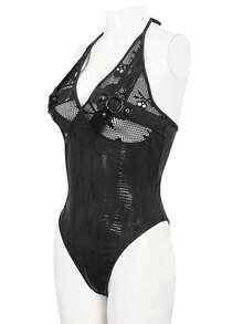 Devil fashion Punk Snake Skin Mesh Halter One-Piece Swimsuit, Rivet Leather Patchwork High-Cut Bodysuit - Black - View 5