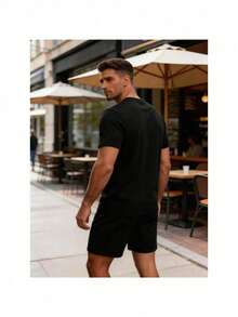 Conjunto para hombre estilo streetwear retro hip hop con estampado gráfico y letras algodón cómodo ajuste holgado cuello redondo manga corta primavera verano uso casual set de playera y shorts - Negro 2 - Ver 4