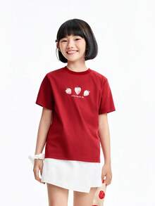 Annil T-shirt à manches courtes pour filles, pull en maille respirant pour enfants d'âge moyen et grand, haut décontracté extensible pour filles. - Étoile de mer rouge - Voir 1