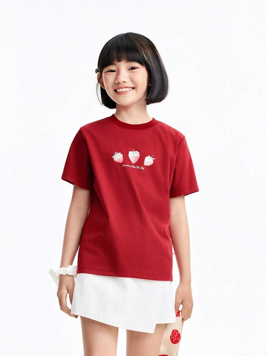 Annil T-shirt à manches courtes pour filles, pull en maille respirant pour enfants d'âge moyen et grand, haut décontracté extensible pour filles. - Étoile de mer rouge - Voir 1