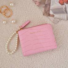 Women's Folding Wallet With Faux Pearls Chain Crocodile Grain Leather Minimalist Korean Style Handheld Design Business Casual Woman Card Case Gifts Essentials Items For Women Wallet Purse Wallet Small Wallet - Hồng - Xem 3